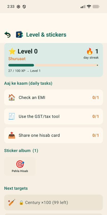 Levels, stickers and daily tasks in HisabWala
